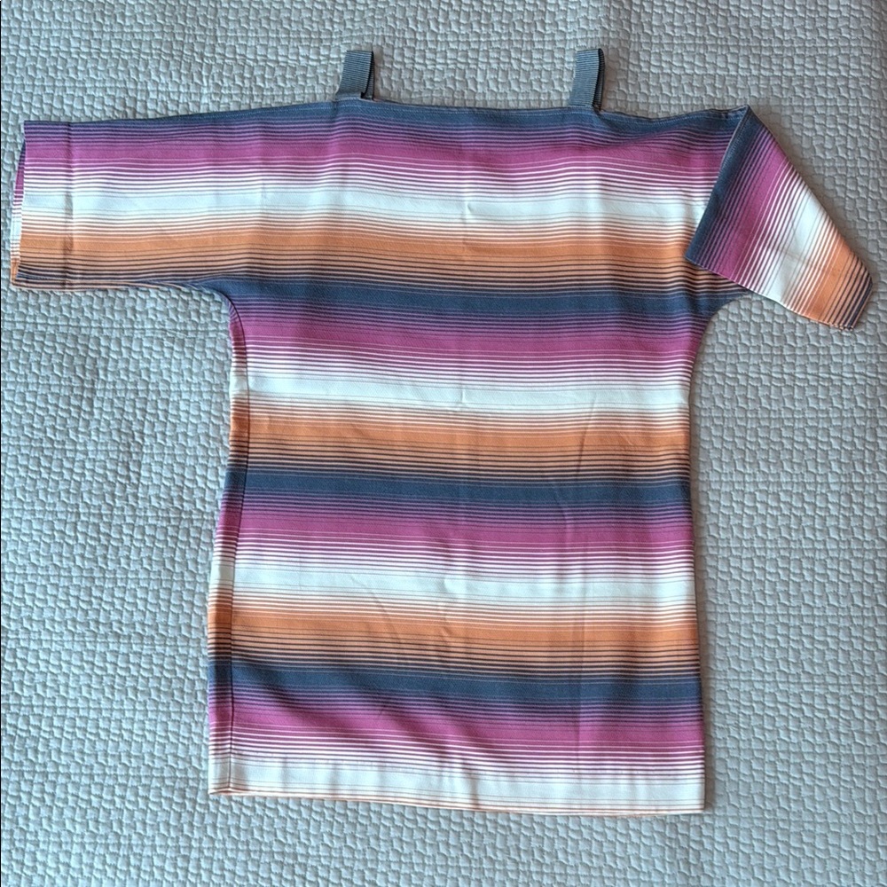 Women’s Striped Open Shoulder Striped Mini Dress. Pink, blue, orange and cream.